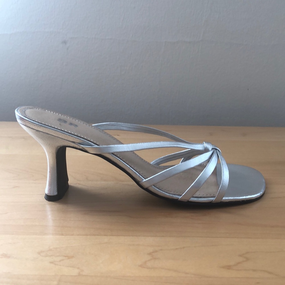 Metallic Silver Strappy Leather Sandal Heels